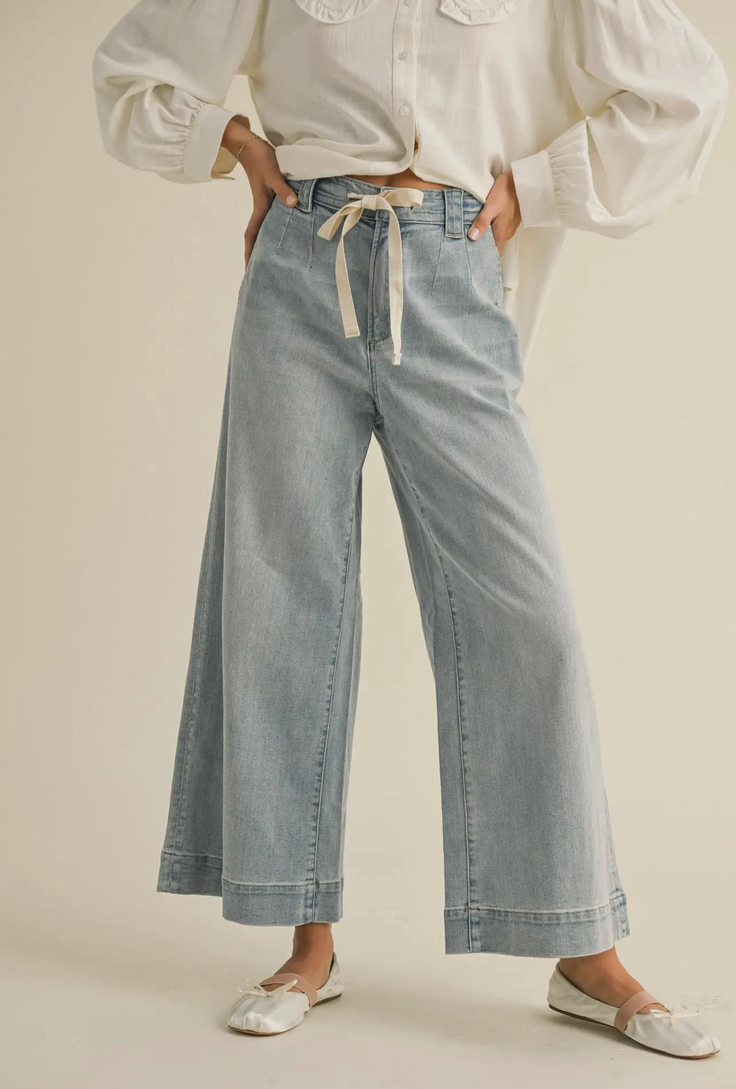 Washed Denim Tie Front Pants