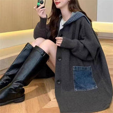 Load image into Gallery viewer, Long Hooded Denim Cardigan Sweater
